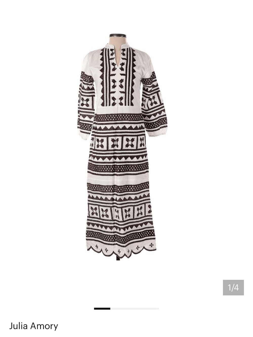 Julia Amory Scallop Hem Brown & White Embroidered Caftan Size XS NWOT